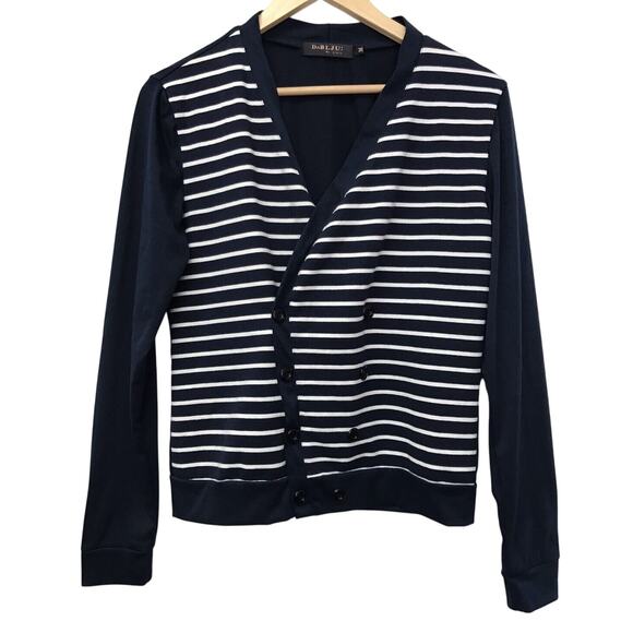 Dablju By Jiniy Top Womens Medium Blue White Striped Double Breasted - Picture 1 of 8